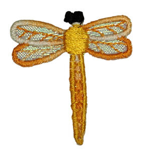 Iron On Embroidered Applique Patch Tiny Orange Iridescent Shimmer Wing Dragonfly